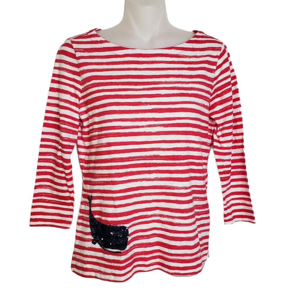 Talbots Womens Top Size P Petites Red White Striped 3/4 Sleeve Sequin Whale